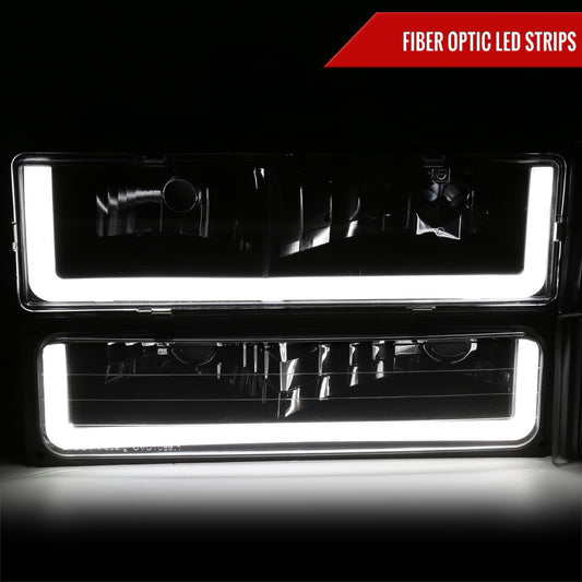 1994-1998 GMC C10/Sierra/Suburban/Yukon Factory Style Headlights w/LED Strip and Bumper & Corner Lights (Matte Black Housing/ Clear Lens)