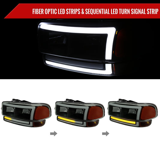 1999-2006 GMC Sierra/2007 Sierra Classic/2000-2006 Yukon/XL Factory Style Headlights and Sequential Turn Signal Bumper Lights (Matte Black Housing/Smoked Lens)