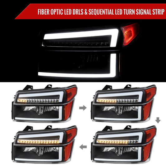 2004-2012 Chevrolet Colorado GMC Canyon/2006-2008 ISUZU I-Series Sequential Turn Signal Factory Style Headlights with LED Bar (Matte Black Housing/Clear Lens)
