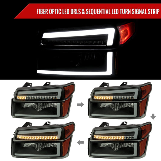 2004-2012 Chevrolet Colorado GMC Canyon/2006-2008 ISUZU I-Series Sequential Turn Signal Factory Style Headlights with LED Bar (Matte Black Housing/Smoked Lens)