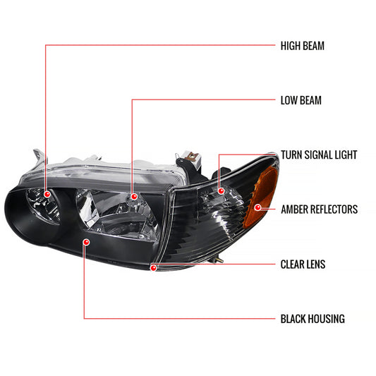 2001-2002 Toyota Corolla Factory Style Headlights w/ Corner Lights (Matte Black Housing/Clear Lens)