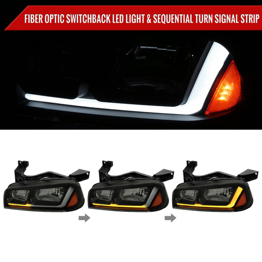 2006-2010 Dodge Charger Switchback Sequential LED Bar Factory Style Headlights (Matte Black Housing/Smoked Lens)