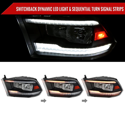 2009-2018 Dodge RAM 1500/2010-2018 RAM 2500 3500 Dual Switchback Sequential LED Bar Factory Style Headlights (Matte Black Housing/Clear lens)