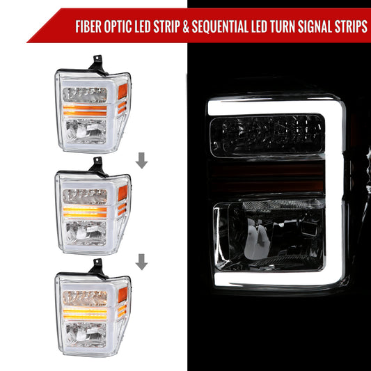 2008-2010 Ford F-250/F-350/F-450/F-550 Super Duty LED Sequential Signal Factory Style Headlights (Chrome Housing/Clear Lens)