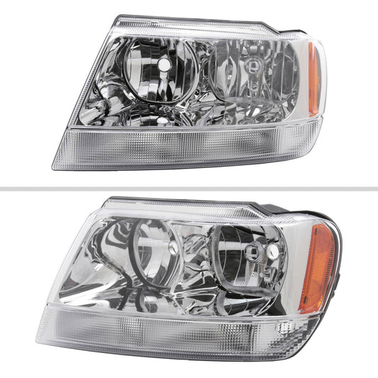 1999-2004 Jeep Grand Cherokee Factory Style Crystal Headlights w/ Amber Reflectors (Chrome Housing/Clear Lens)