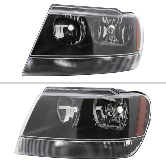 1999-2004 Jeep Grand Cherokee Factory Style Crystal Headlights w/ Amber Reflectors (Matte Black Housing/Clear Lens)