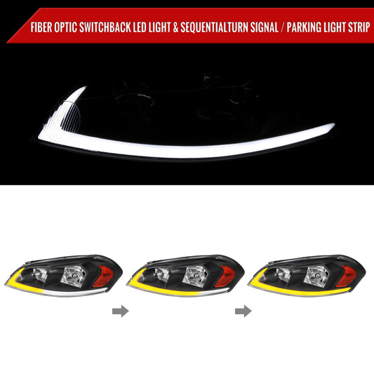 2006-2013 Chevrolet Impala/2014-2016 Impala Limited/2006-2007 Monte Carlo Switchback Sequential Signal LED Bar Factory Style Headlights (Matte Black Housing/Clear Lens)