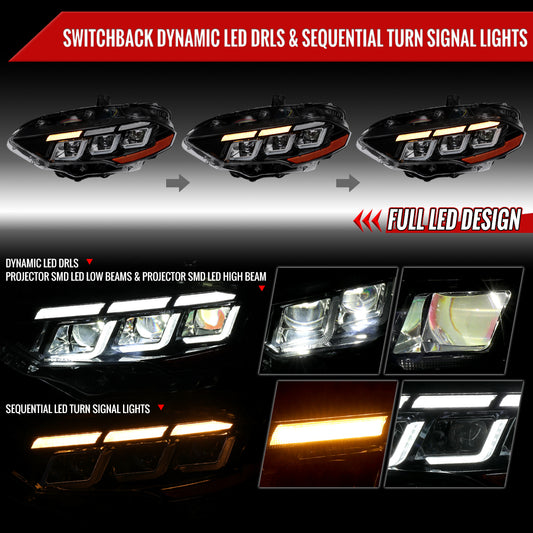 2018??2023 Ford Mustang Full LED Projector Headlights Switchback Sequential with Start-Up Animation (Glossy Black Housing / Clear Lens)