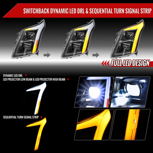 2010-2016 Cadillac SRX Full Switchback Sequential LED DRL Projector Headlights (Matte Black Housing/Clear Lens)