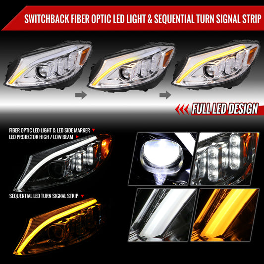 2015-2018 Mercedes-Benz C-Class W205 Full LED Projector Headlights with Sequential Turn Signal (Chrome Housing/Clear Lens)