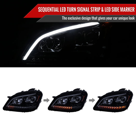 2006-2008 Mercedes Benz W164 ML Class LED Bar Projector Headlights w/ Sequential Turn Signal Lights (Glossy Black Housing/Smoked Lens)