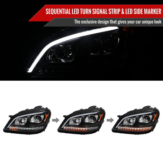 2006-2008 Mercedes Benz W164 ML Class LED Bar Projector Headlights w/ Sequential Turn Signal Lights (Matte Black Housing/Clear Lens)