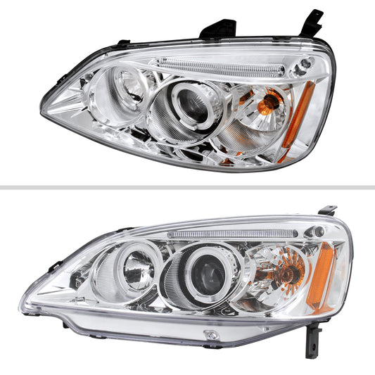 2001-2003 Honda Civic Dual Halo Projector Headlights (Chrome Housing/Clear Lens)