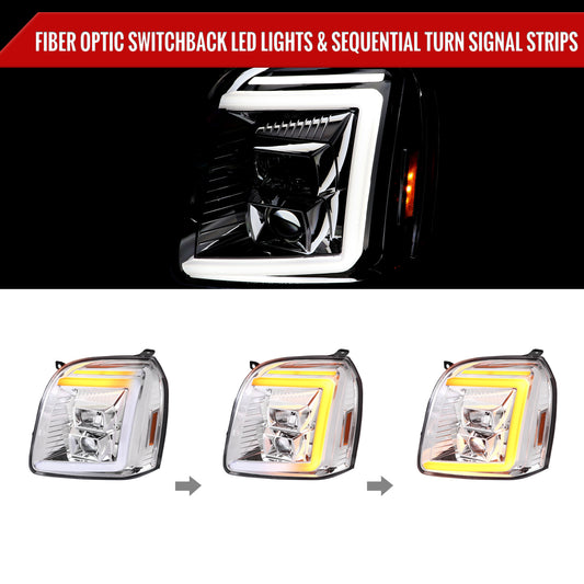 2007-2014 GMC Yukon/XL 1500/XL 2500 Switchback Sequential LED Turn Signal Projector Headlights (Chrome Housing/Clear Lens)