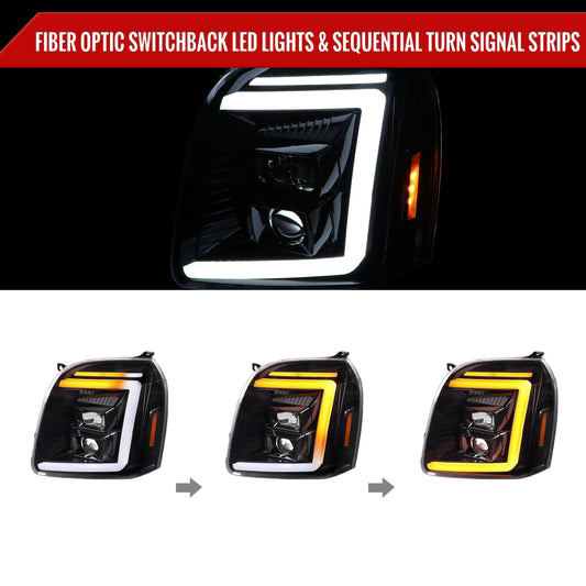 2007-2014 GMC Yukon/XL 1500/XL 2500 Switchback Sequential LED Turn Signal Projector Headlights (Jet Black Housing/Clear Lens)