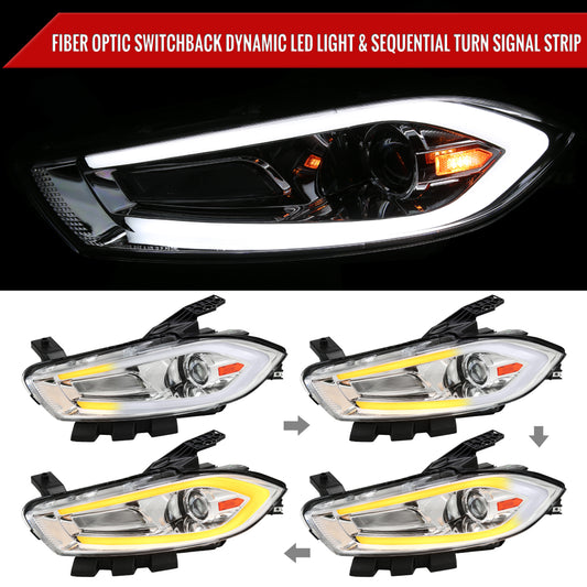 2013-2016 Dodge Dart Switchback Sequential Animated LED Bar Projector Headlights (Chrome Housing/Clear Lens)