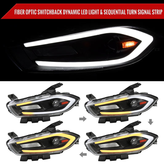 2013-2016 Dodge Dart Switchback Sequential Animated LED Bar Projector Headlights (Matte Black Housing/Clear Lens)