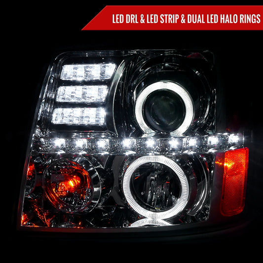 2002-2006 Cadillac Escalade Dual Halo Projector Headlights w/ SMD LED Light Strip (Chrome Housing/Clear Lens)