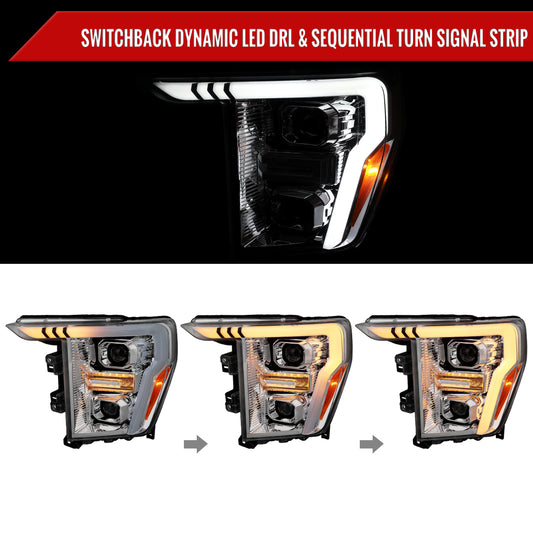 2021-2025 Ford F-150 Projector Headlight w/ Switchback Sequential Turn Signal LED Bar (Chrome Housing / Clear Lens)