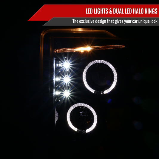 2008-2010 Ford F-250 F-350 F-450 SMD Dual Halo Projector Headlights (Jet Black Housing/Clear Lens)