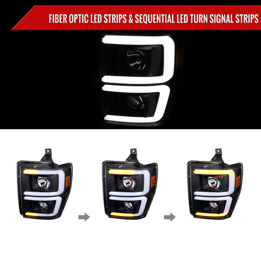 2008-2010 Ford F-250/F-350/F-450/F-550 LED Sequential Turn Signal Bar Projector Headlights (Matte Black Housing/Clear Lens)