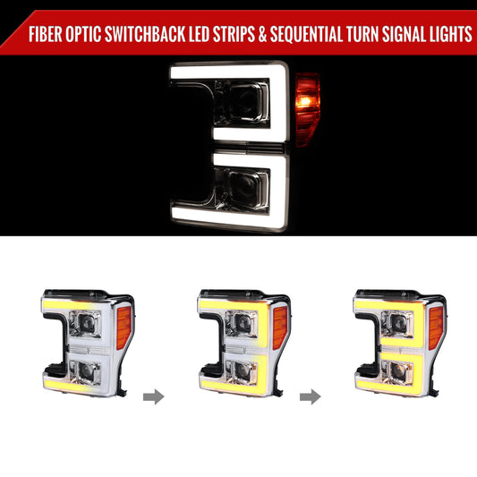 2017-2019 Ford F-250 F-350 F-450 F-550 LED C-Bar Projector Headlights w/ Switchback Sequential Turn Signals (Chrome Housing/Clear Lens)