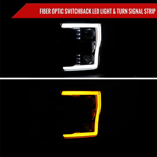 2017-2019 Ford F-250 F-350 F-450 F-550 Switchback LED C-Bar Projector Headlights (Jet Black Housing/Clear Lens)