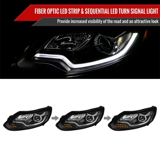 2012-2014 Ford Focus Projector Headlights w/ LED Light Strip & Sequential Turn Signal Lights (Matte Black Housing/Clear Lens)