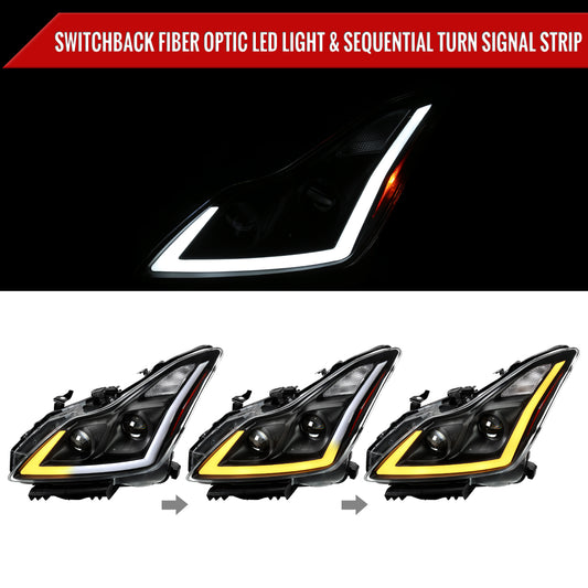2008-2013 Infiniti G37/2014-2015 Q60 Coupe/Convertible Sequential Switchback LED Turn Signal Projector Headlights (Matte Black Housing/Clear Lens)