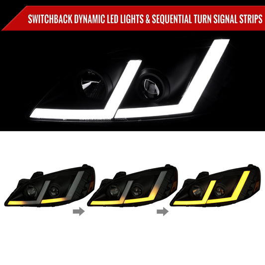 2005-2010 Pontiac G6 Projector Headlights w/ LED Light Strip Sequential Switchback(Black Housing / Smoked Lens)