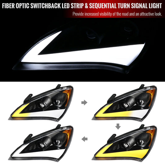 2010-2012 Hyundai Genesis Coupe Sequential LED Bar Projector Headlights (Matte Black Housing/Clear Lens)