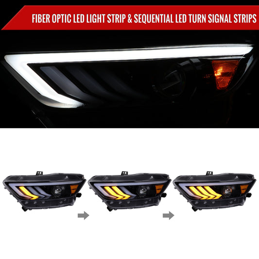 2015-2017 Ford Mustang HID-Type LED Sequential Turn Signal Projector Headlights (Glossy Black Housing/Smoked Lens)