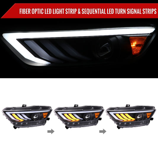 2015-2017 Ford Mustang HID-Type LED Sequential Turn Signal Projector Headlights (Matte Black Housing/Clear Lens)