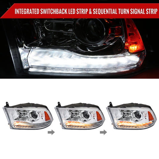 2009-2018 Dodge RAM 1500 / 2019-2021 RAM Classic / 2010-2018 RAM 2500 3500 Switchback Sequential LED Bar Projector Headlights (Chrome Housing/Clear Lens)