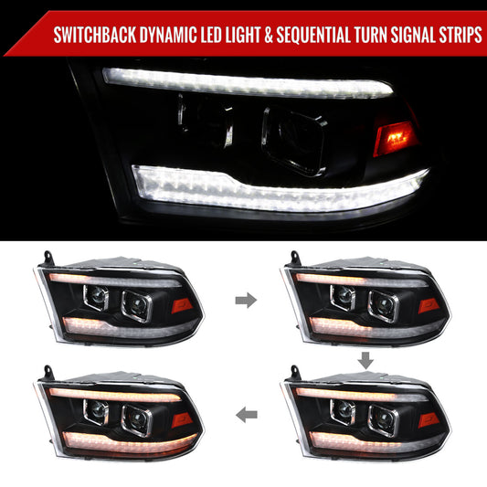 2009-2018 Dodge RAM 1500 / 2019-2021 RAM Classic / 2010-2018 RAM 2500 3500 Switchback Sequential Projector Headlights (Matte Black Housing/Clear Lens)