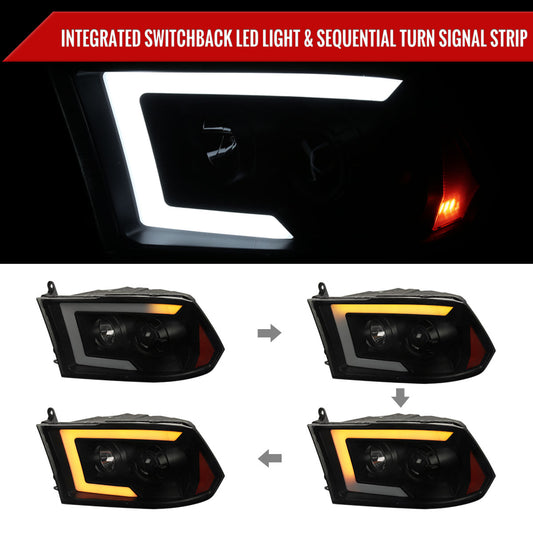2009-2018 Dodge RAM 1500 / 2019-2021 RAM Classic/ 2010-2018 RAM 2500 3500 Switchback Sequential LED C-Bar Projector Headlights (Black Housing/Smoked Lens)