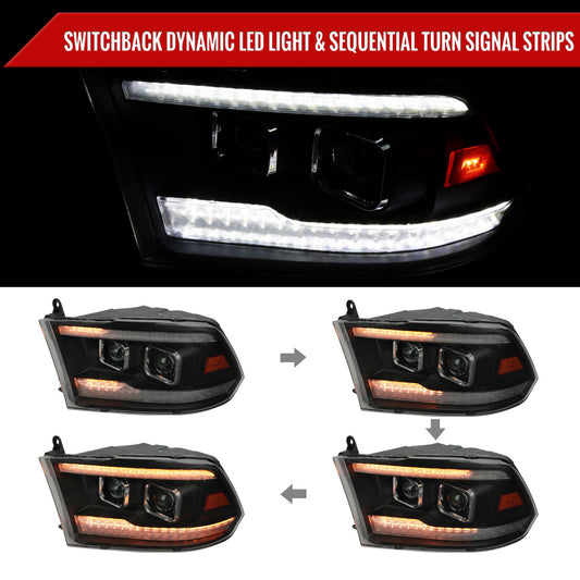 2009-2018 Dodge RAM 1500 / 2019-2021 RAM Classic / 2010-2018 RAM 2500 3500 Switchback Sequential Projector Headlights (Matte Black Housing/Smoked Lens)