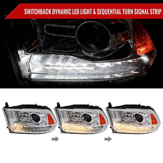 2013-2018 Ram 1500 2500 3500 Sequential LED Bar Signal Projector Headlights (Chrome Housing/Clear Lens)