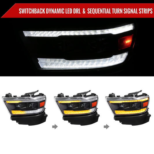 2019-2024 Dodge RAM 1500 Switchback Sequential LED Turn Signal Projector Headlights (Matte Black Housing/Clear Lens)