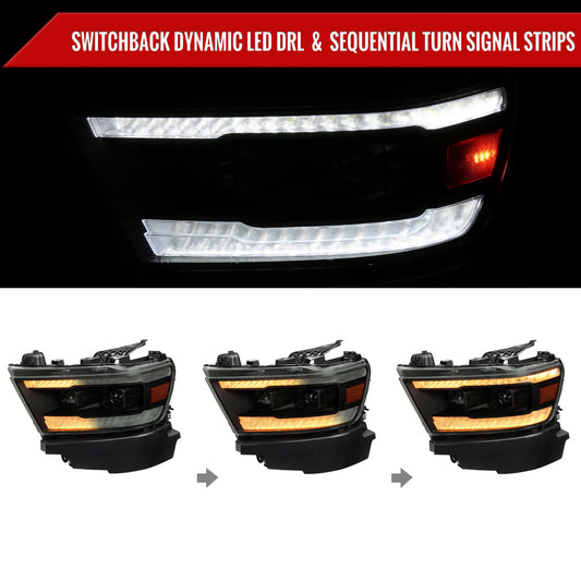 2019-2024 Dodge RAM 1500 Switchback Sequential LED Turn Signal Projector Headlights (Matte Black Housing/Smoked Lens)
