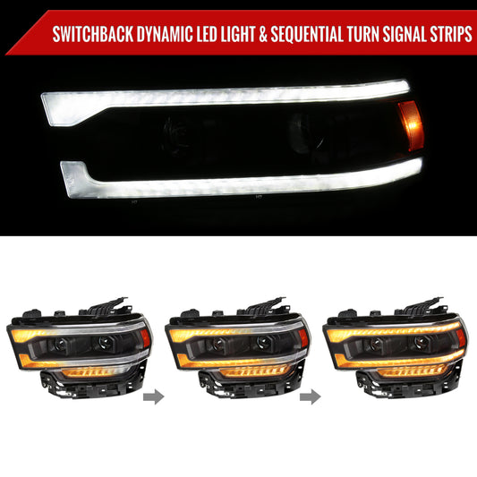 2019-2024 Dodge RAM 2500/3500/4500/5500 Switchback Sequential LED Turn Signal Projector Headlights (Matte Black Housing/Clear Lens)