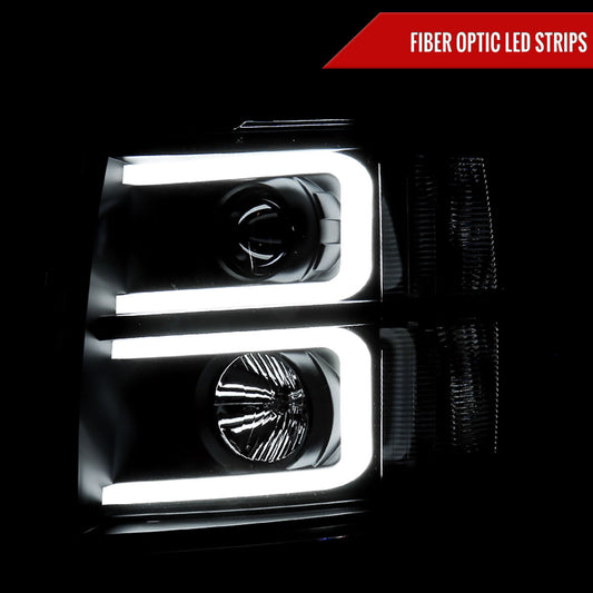 2007-2013 Chevrolet Silverado 1500/ 2007-2014 Silverado 2500HD 3500HD Dual LED C-Bar Projector Headlights (Matte Black Housing/Clear Lens)