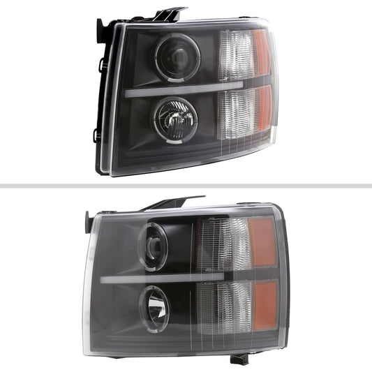 2007-2013 Chevrolet Silverado 1500/ 2007-2014 Silverado 2500HD 3500HD Dual Halo Projector w/ LED Light Bar Headlights (Matte Black Housing/Clear Lens)