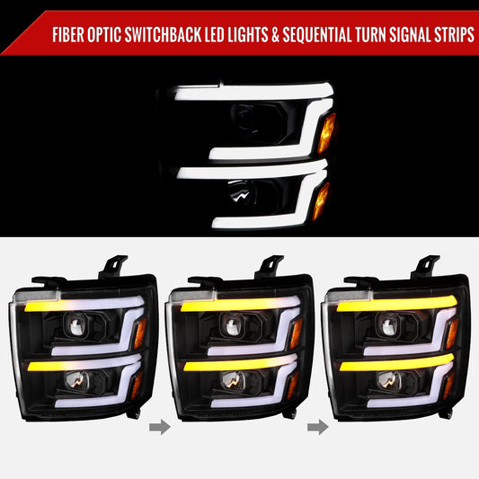 2015-2019 Chevrolet Silverado 2500HD/3500HD Switchback Sequential LED Turn Signal Projector Headlights (Matte Black Housing/Clear Lens)