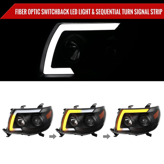 2005-2011 Toyota Tacoma LED Bar Projector Headlights w/ Sequential Turn Signal Lights (Matte Black Housing/Clear Lens)