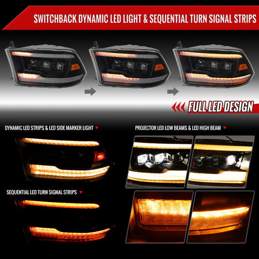 2009-2018 Dodge RAM 1500 / 2019 RAM Classic / 2010-2018 RAM 2500 3500 Switchback Sequential Full Amber LED Projector Headlights (Matte Black Housing/Clear Lens)