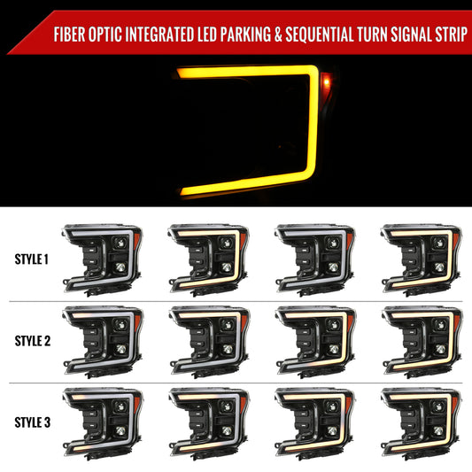 2018-2020 Ford F-150 Amber LED C-Bar Projector Headlights w/ Switchback Sequential Turn Signal Lights (Matte Black Housing / Clear Lens)