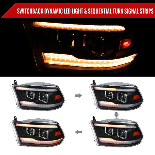 2009-2018 Dodge RAM 1500 / 2019-2021 RAM Classic / 2010-2018 RAM 2500 3500 Amber LED Bar Switchback Sequential Projector Headlights (Matte Black Housing/Clear Lens)