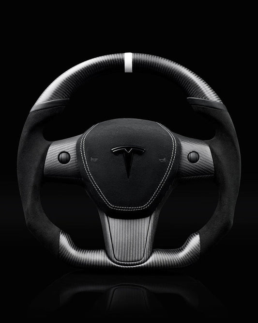 Sixth Element TESLA MODEL Y / MODEL 3 BLACK ALCANTARA PCH MIDNIGHT WHITE ACCENTS GLOSS CARBON STEERING WHEEL
