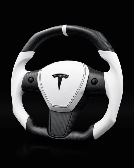 Sixth Element TESLA MODEL Y / MODEL 3 WHITE LEATHER FLAT BOTTOM STORMTROOPER GLOSS CARBON STEERING WHEEL